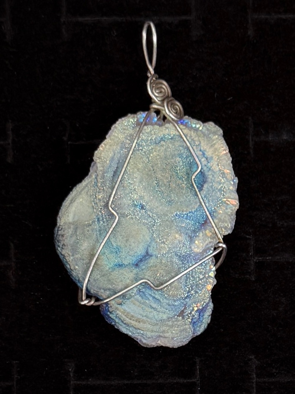 Wire Wrapped Druzy Agate Pendant Blue Iridescent Statement Stone